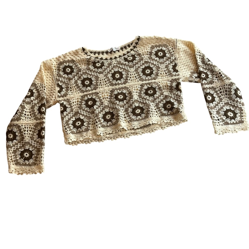 American Flirt Crochet Crop Top Women Large‎ Brown Cream Granny Square Boho